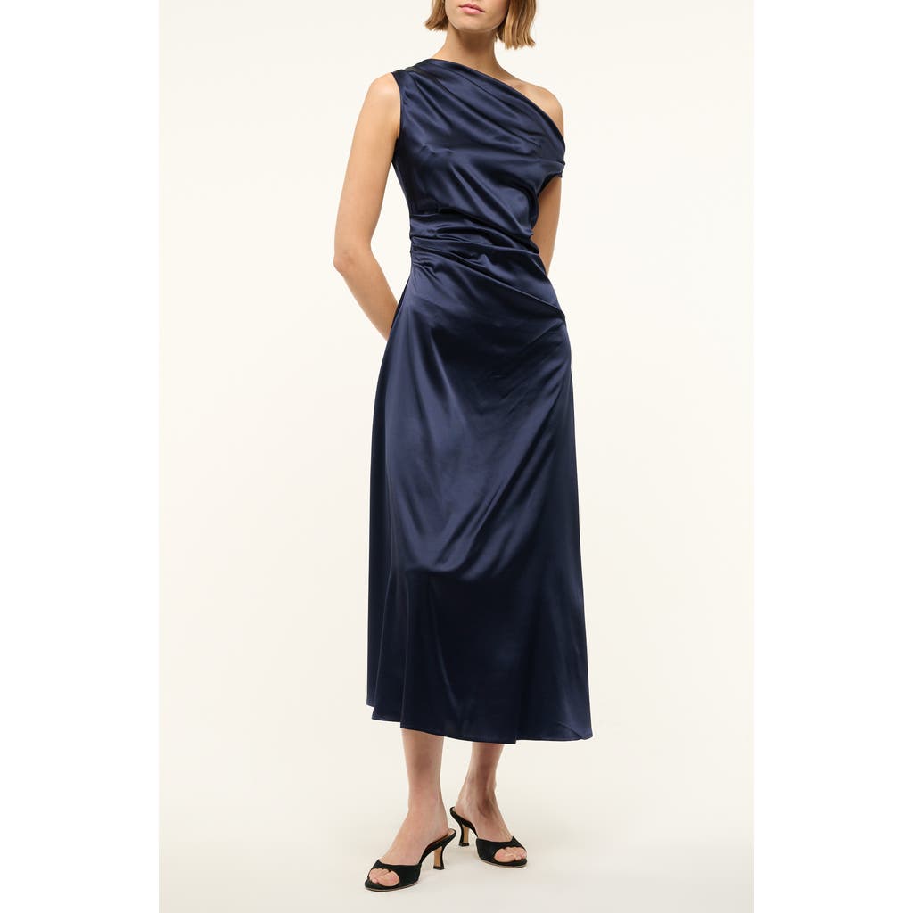 Staud Stretch-silk Asymmetric Phare Midi Dress In Navy