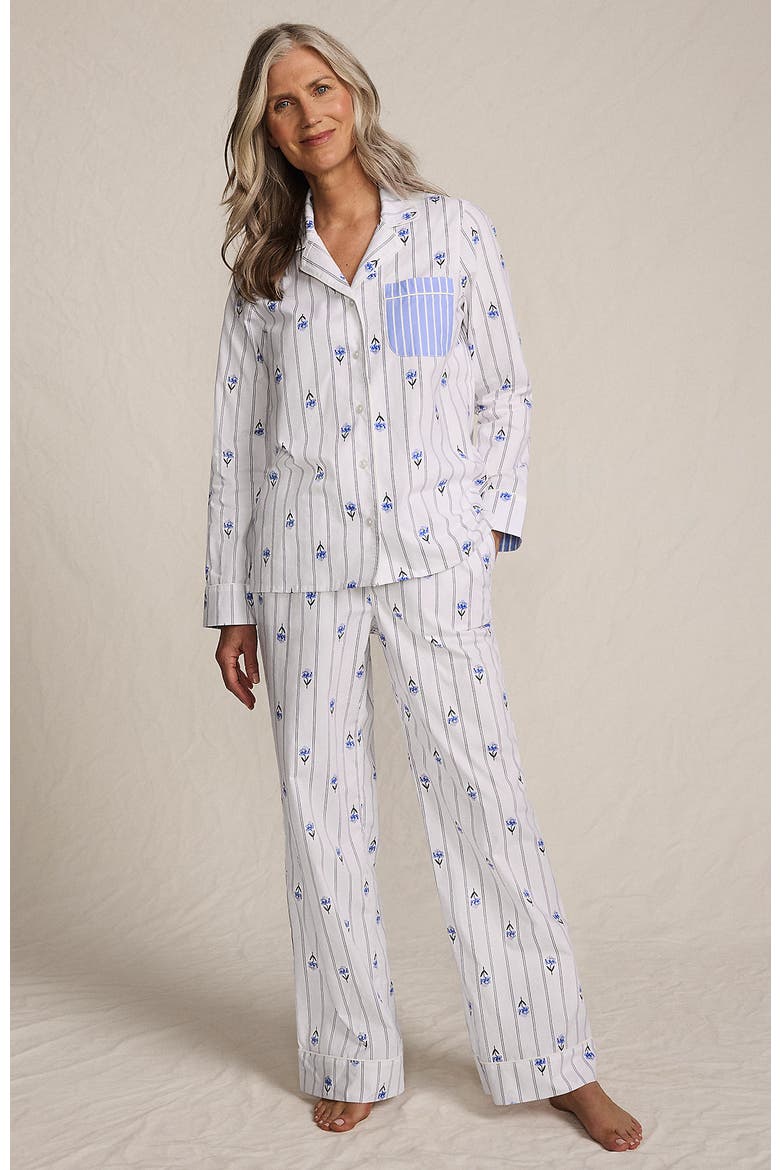 Cotton Poplin 2 Piece Pajama Set - Long Sleeve Top and Pants, Main, color, White/Blue Floral Stripe