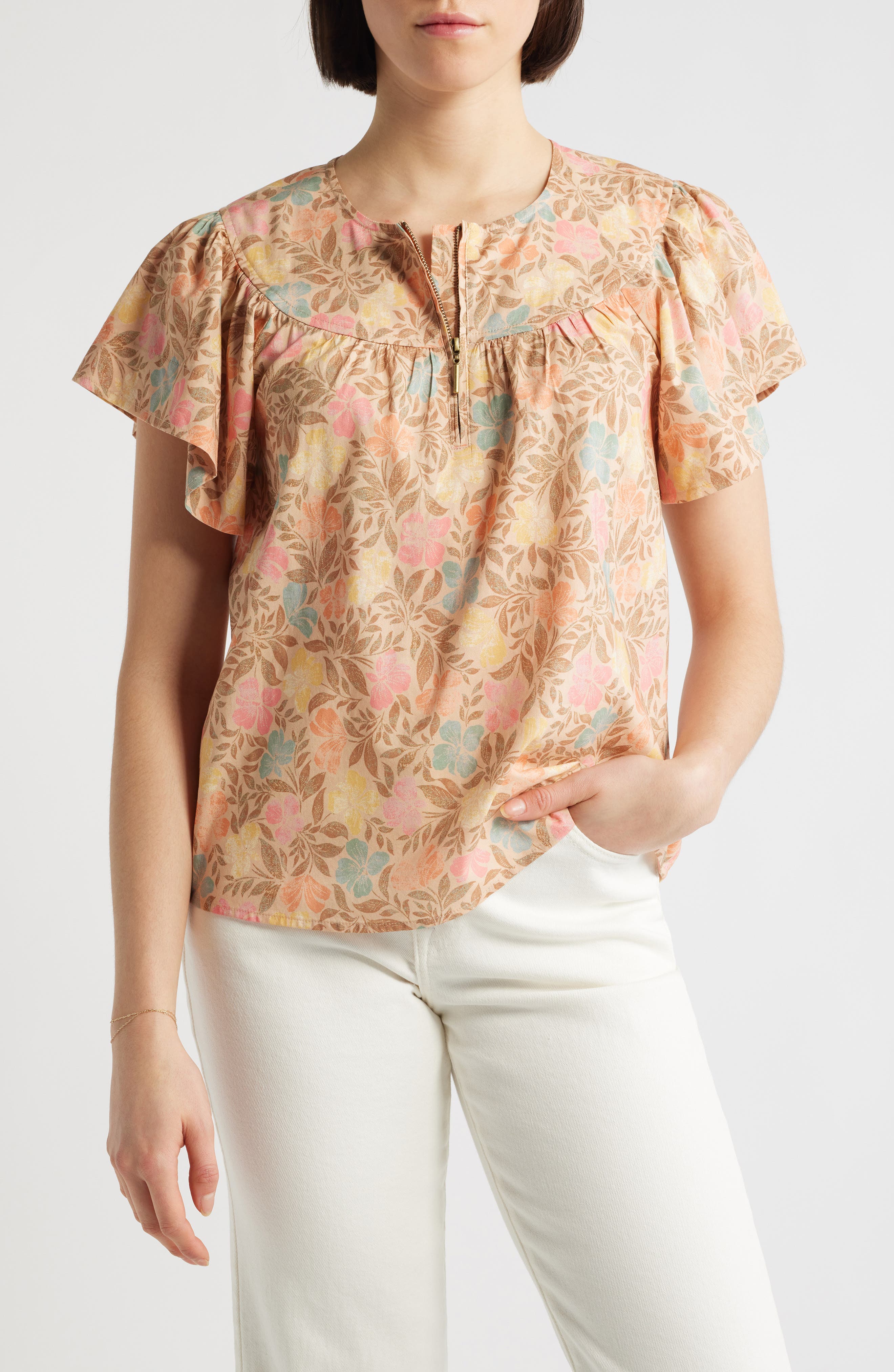 Floral Flutter Sleeve Quarter Zip Top
