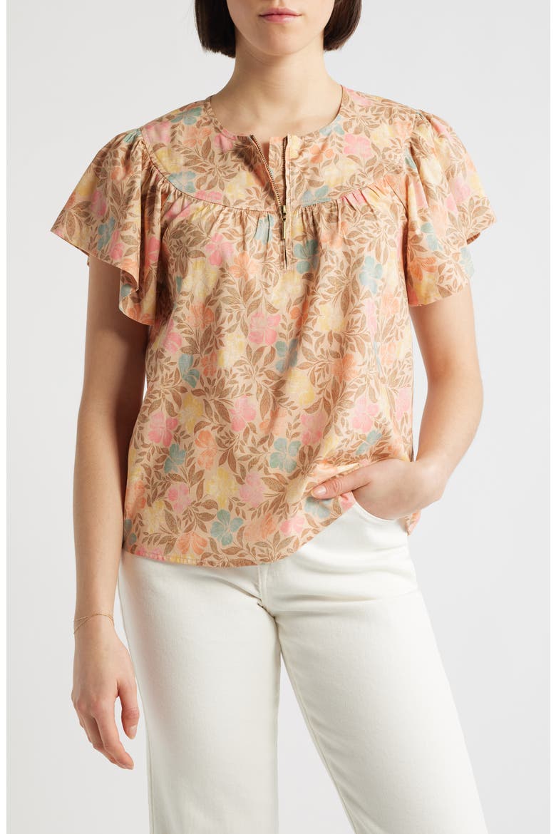Floral Flutter Sleeve Quarter Zip Top, Main, color, GOLDEN SUGAR MULTI