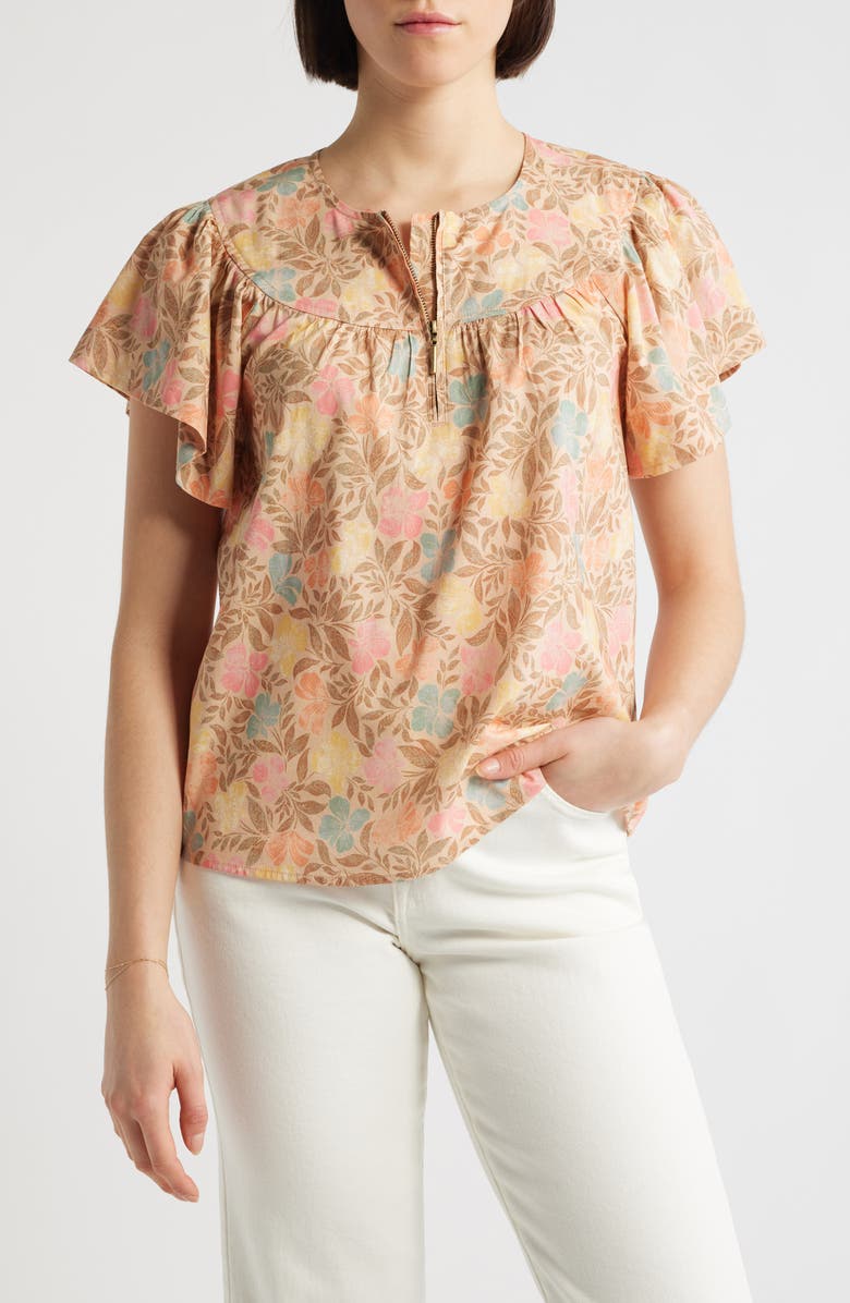 Wit & Wisdom Floral Flutter Sleeve Quarter Zip Top, Main, color, Golden Sugar Multi