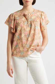 Floral Flutter Sleeve Quarter Zip Top