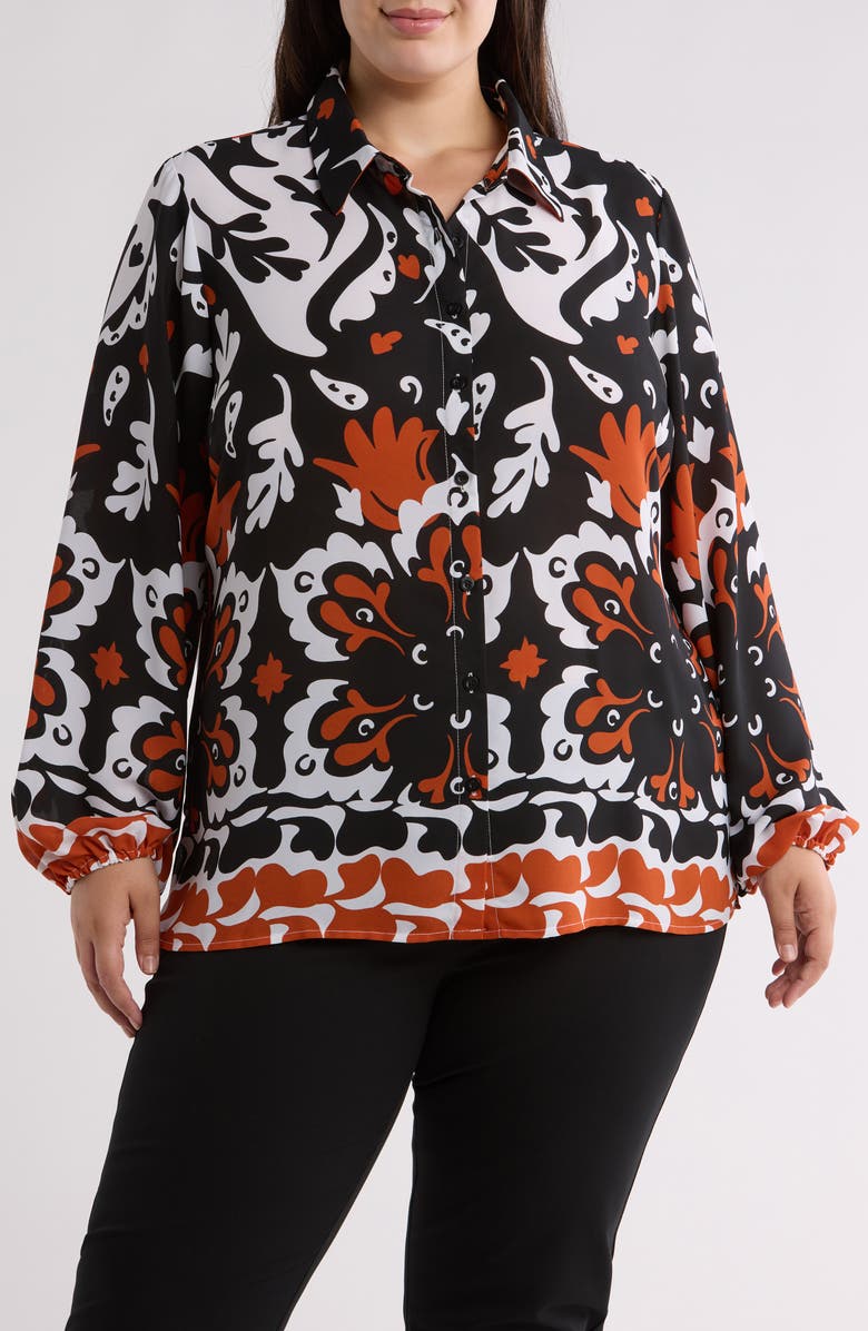 BY DESIGN Canyon Balloon Sleeve Button-Up Shirt, Main, color, White/ Black