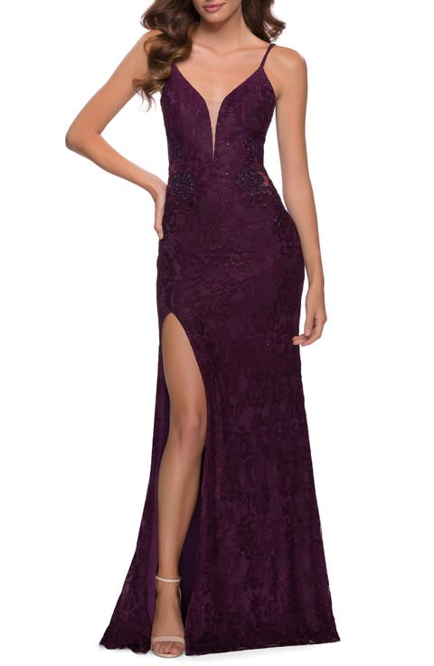Chic Long Stretch Lace Gown with Sheer Rhinestone Back