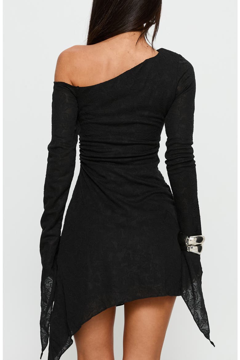 Face Card One-Shoulder Long Sleeve Asymmetric Minidress, Alternate, color, BLACK