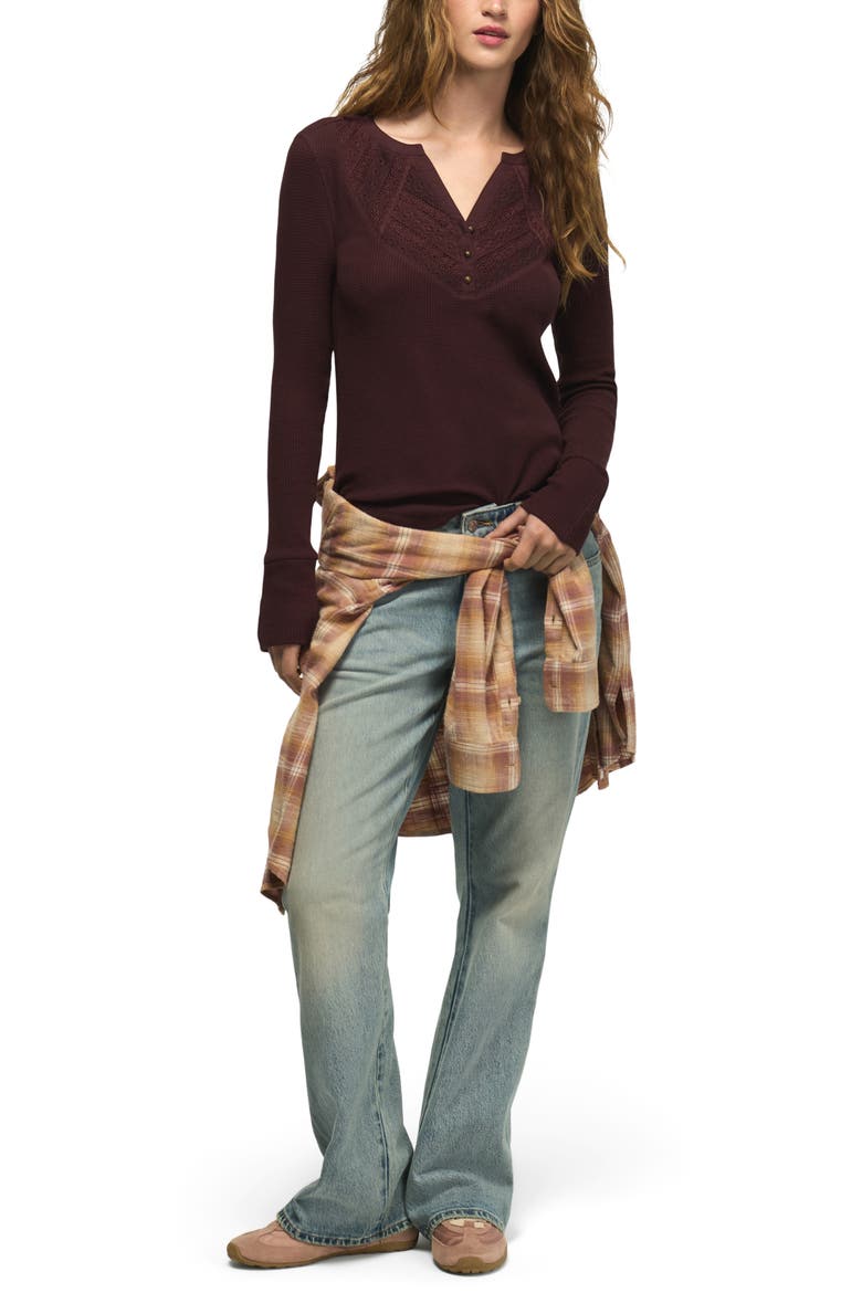Lace Trim Waffle Stitch Henley Top, Alternate, color, FUDGE
