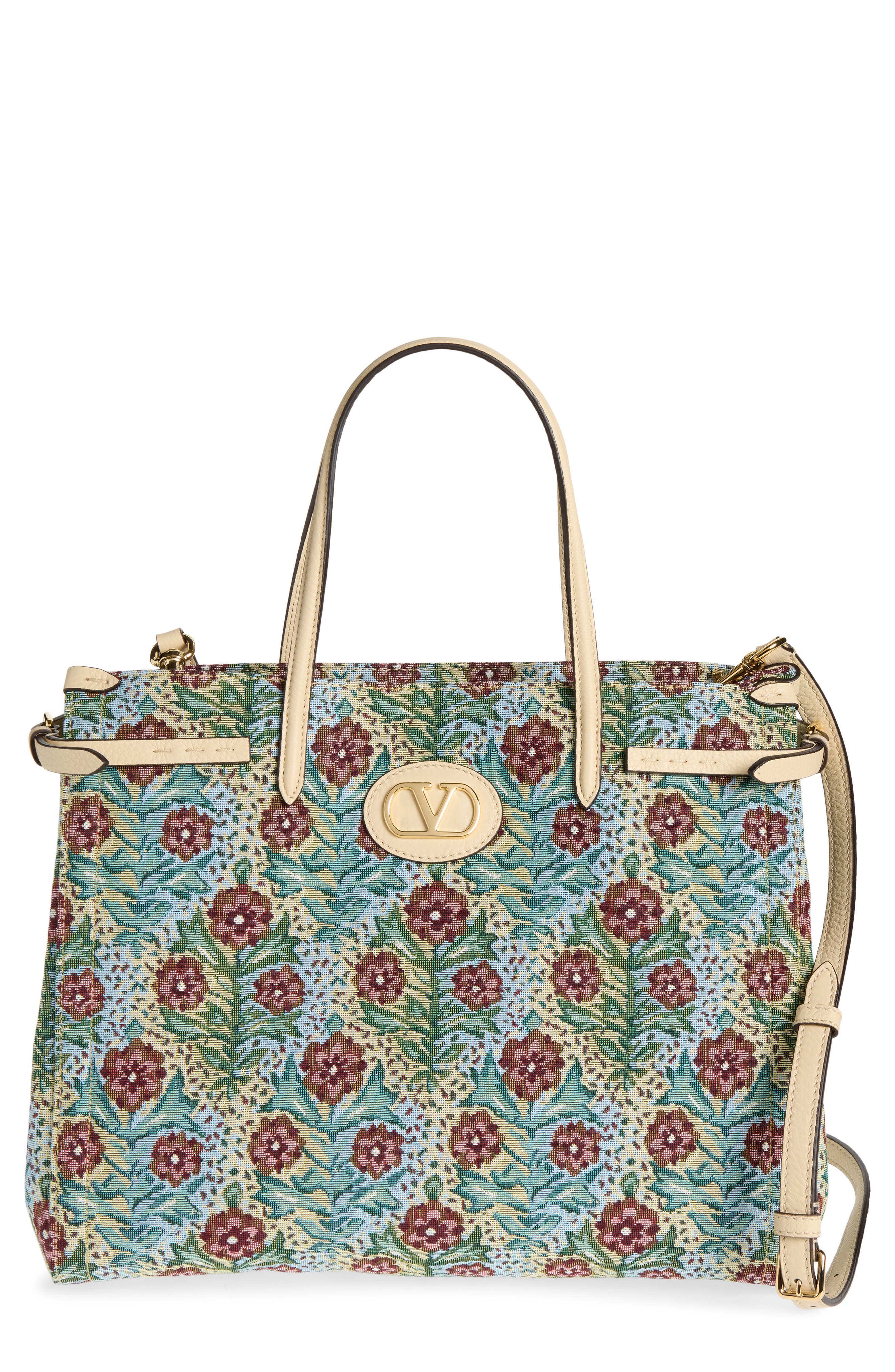 Medium Antibes V-Logo Tapestry Tote, Main, color, BLUE MULTI