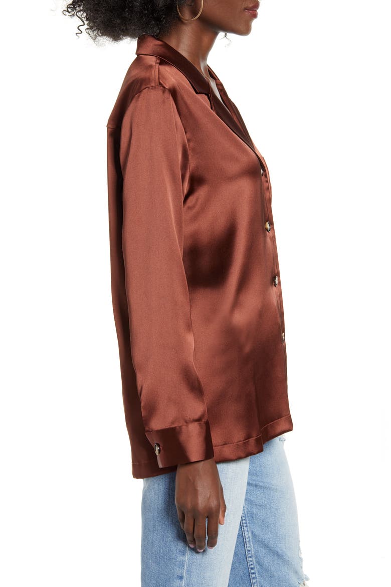 Satin Button-Up Shirt, Alternate, color, DARK BROWN
