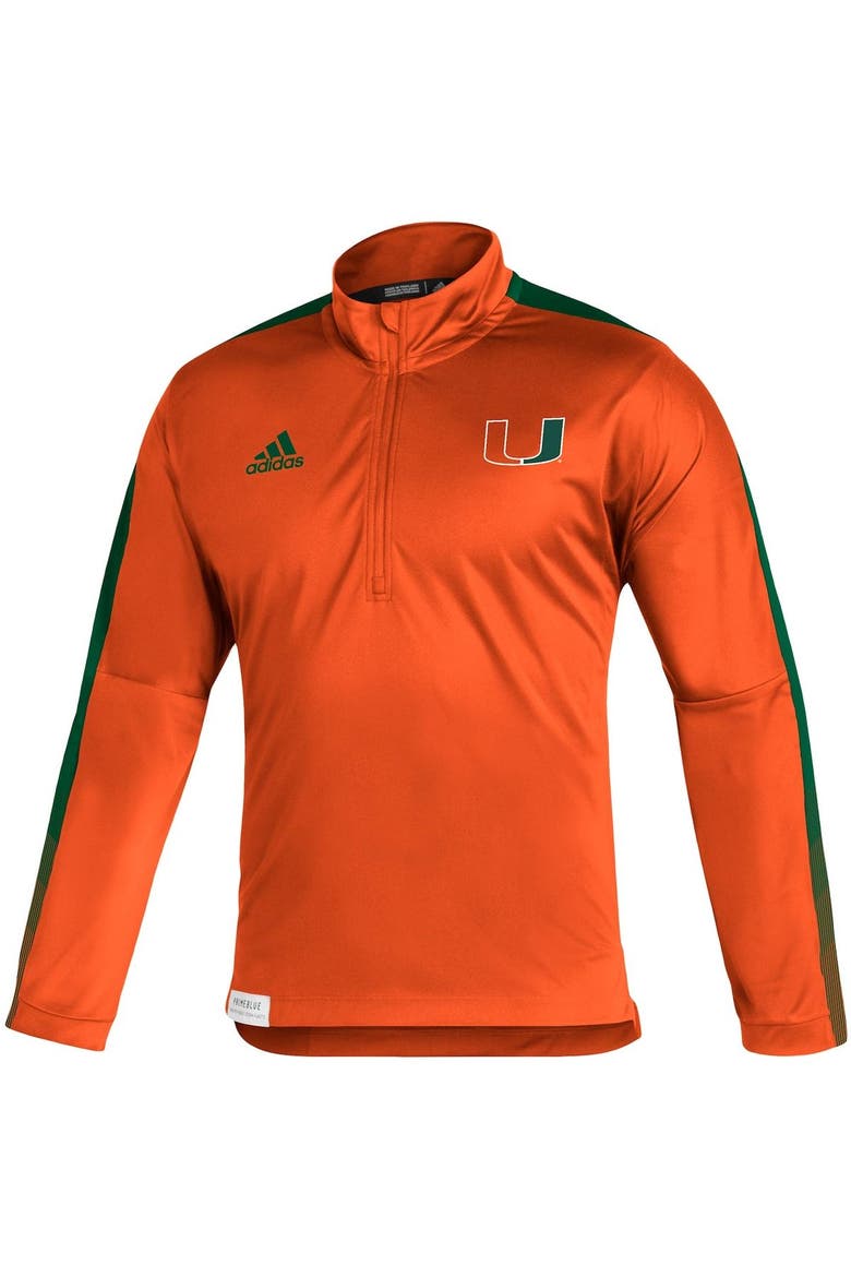 Men's adidas Orange Miami Hurricanes 2021 Sideline Primeblue Quarter-Zip Jacket, Alternate, color, Orange