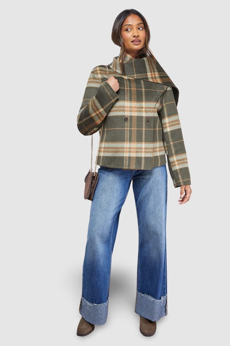 Check Scarf Longline Jacket Coat, Alternate, color, Taupe
