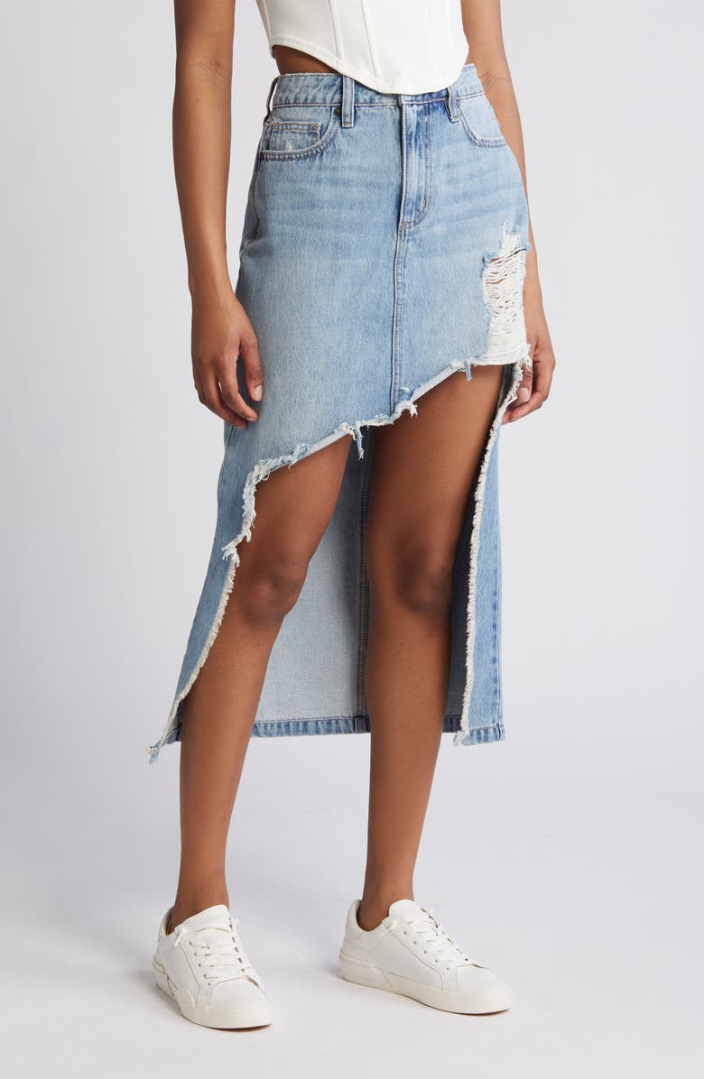 HIDDEN JEANS Heavy Distressed High-Low Hem Denim Skirt, Main, color, 