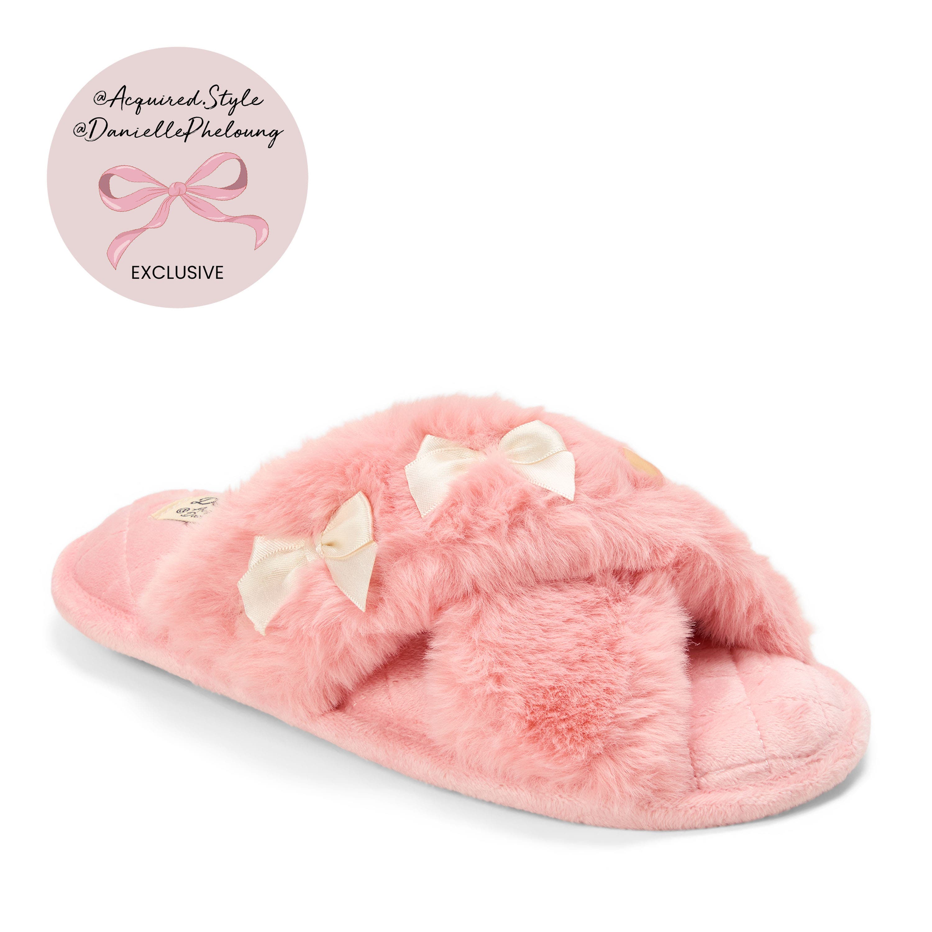 Jessica Bows Furry Crossband Slide Slipper, Alternate, color, Coral Cream