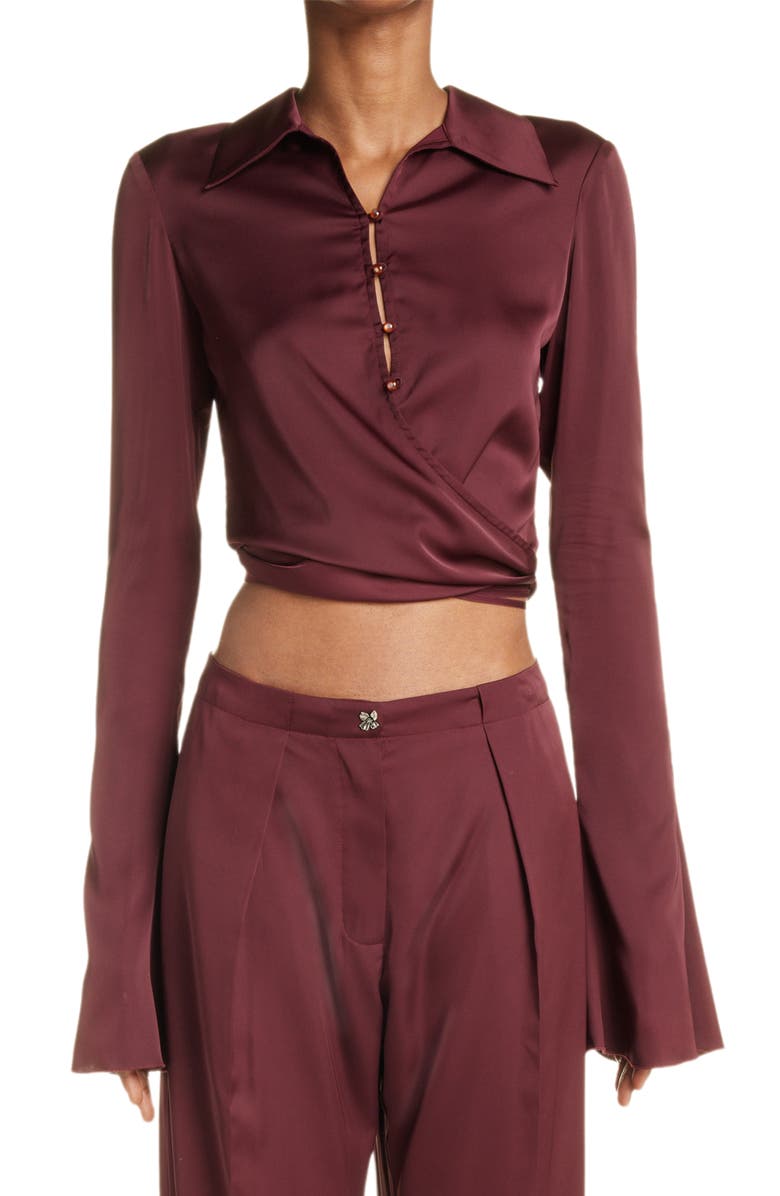 Acne Studios Teba Crop Stretch Satin Wrap Blouse, Main, color,