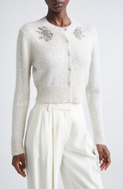 Crystal & Sequin Embellished Alpaca Blend Crop Cardigan