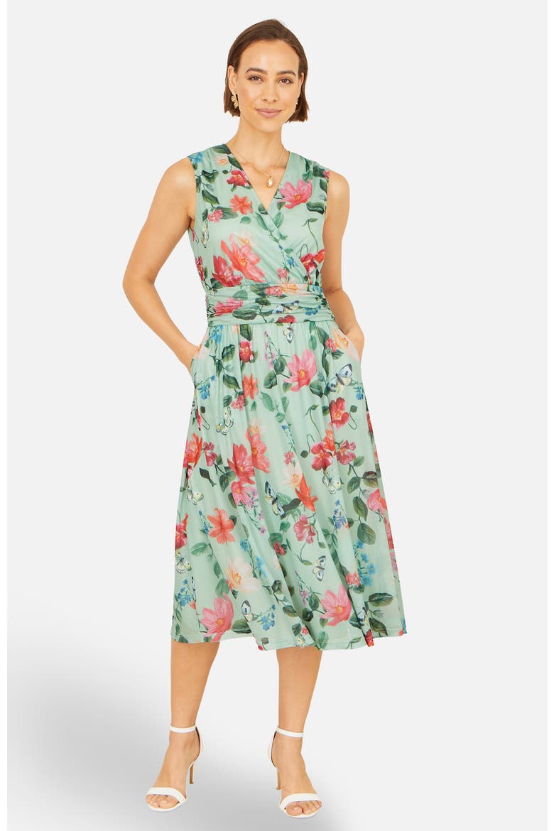 Floral Print Mesh Stretch Midi Dress, Main, color, Mint Green