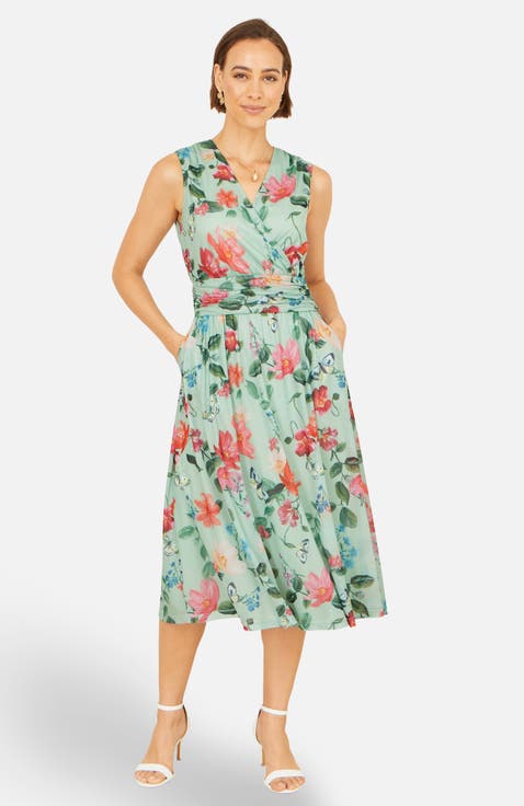 Floral Print Mesh Stretch Midi Dress