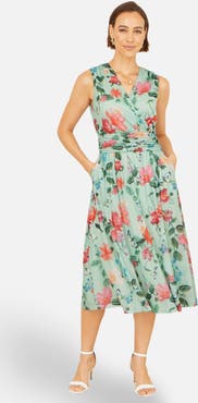 Yumi Floral Print Mesh Stretch Midi Dress