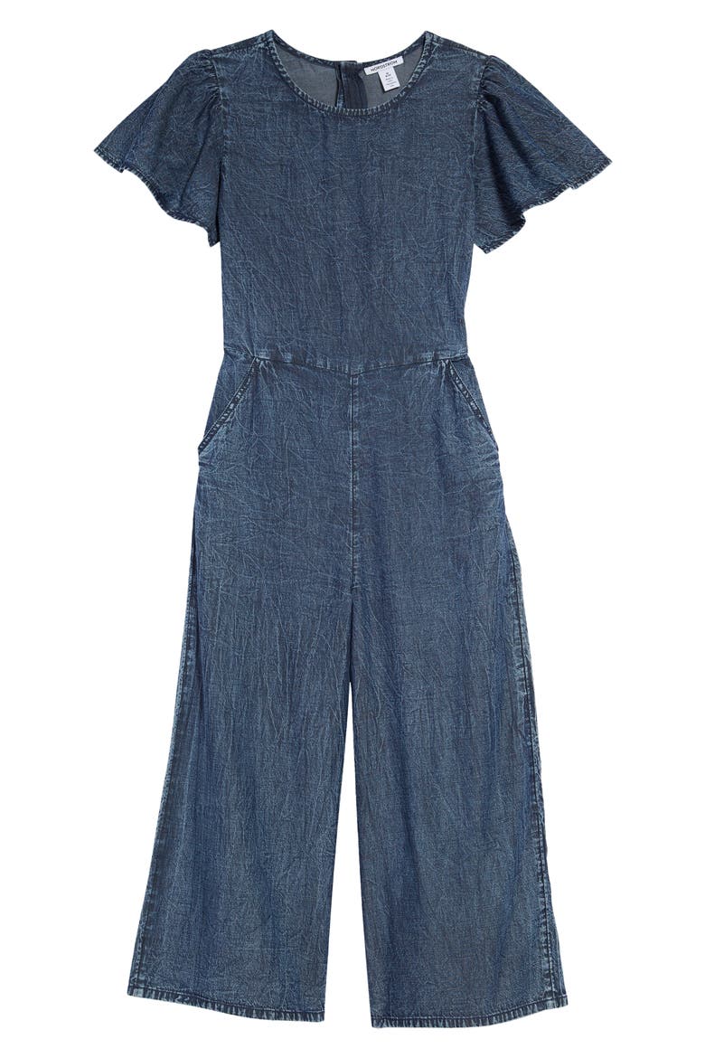 Kids' Look Back Flutter Sleeve Chambray Romper, Main, color, NAVY DENIM WASH