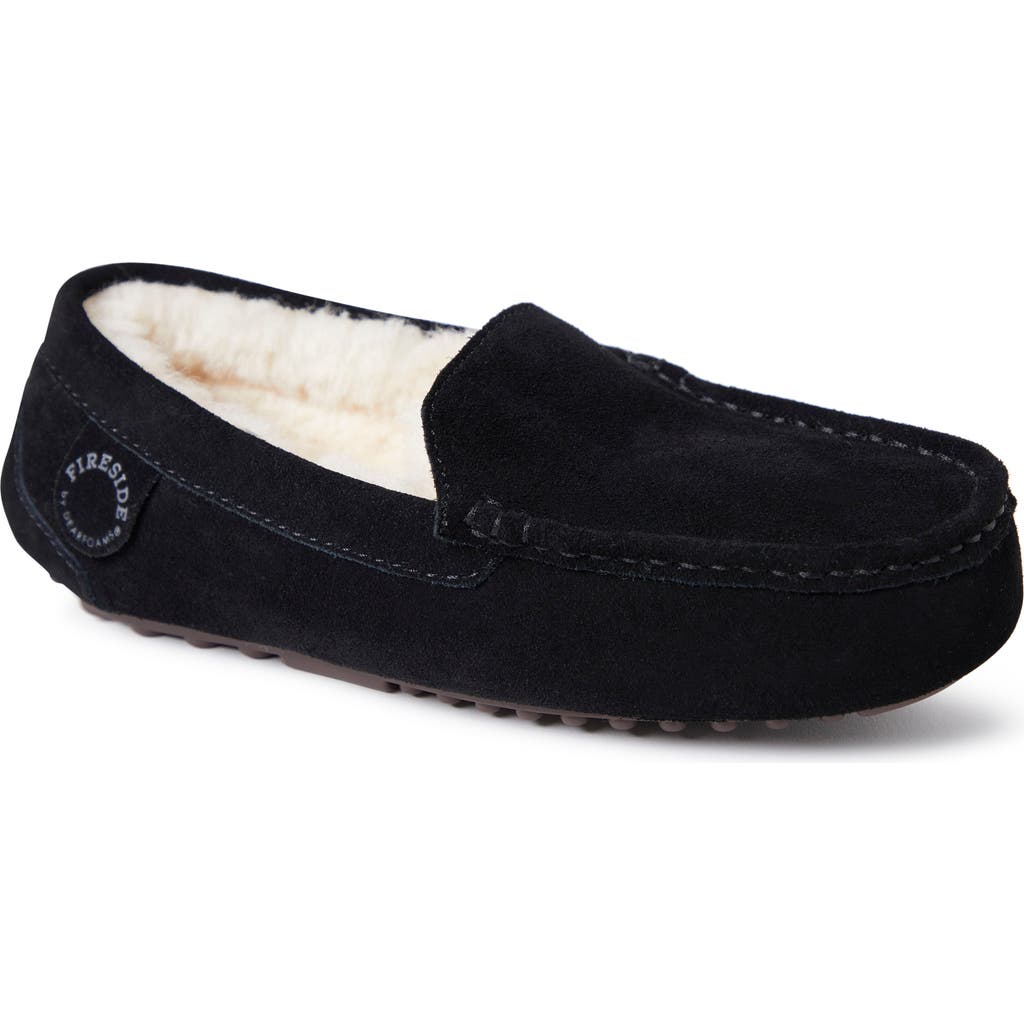 Dearfoams Fireside By Women's Mel Genuine Shearling Moccasin In Black/cream