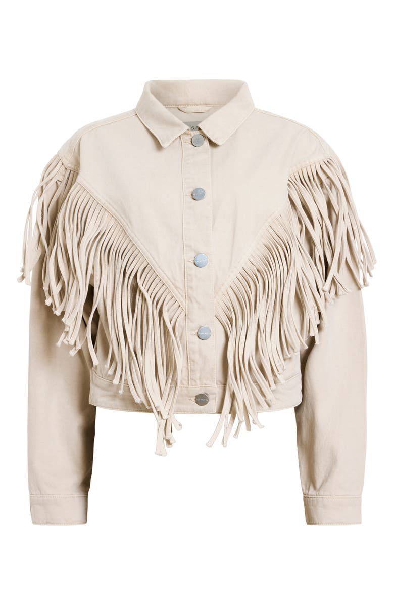 AllSaints Marlene Fringe Trim Denim Jacket, Alternate, color,