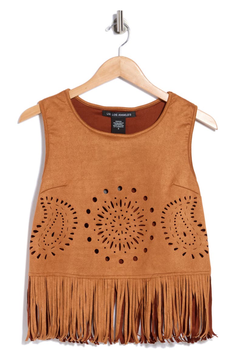 Laser-Cut Fringe Faux Suede Tank, Alternate, color, CAMEL