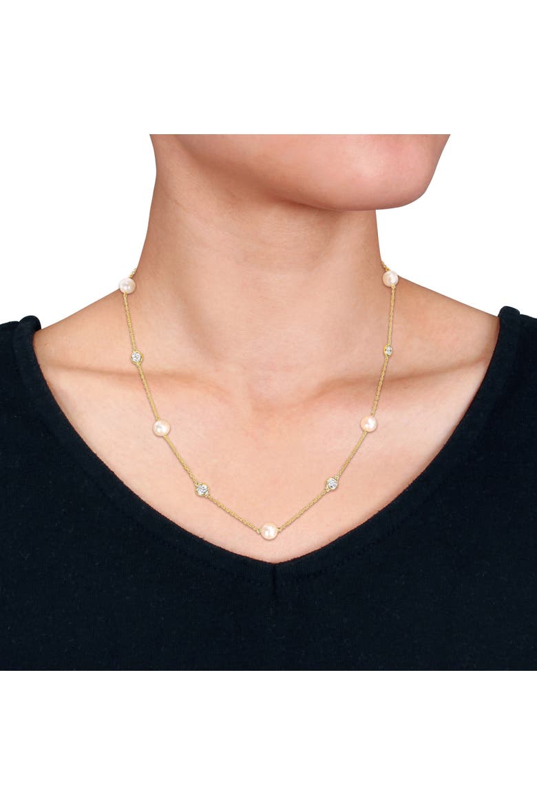 Cultured Pearl & Lab-Grown Diamond Station Necklace, Alternate, color, Yellow-Plated