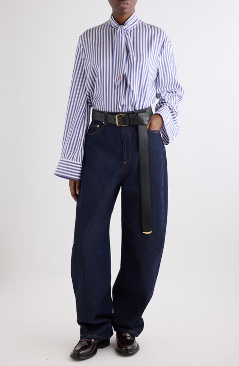 Tie Neck Silk Striped Shirt