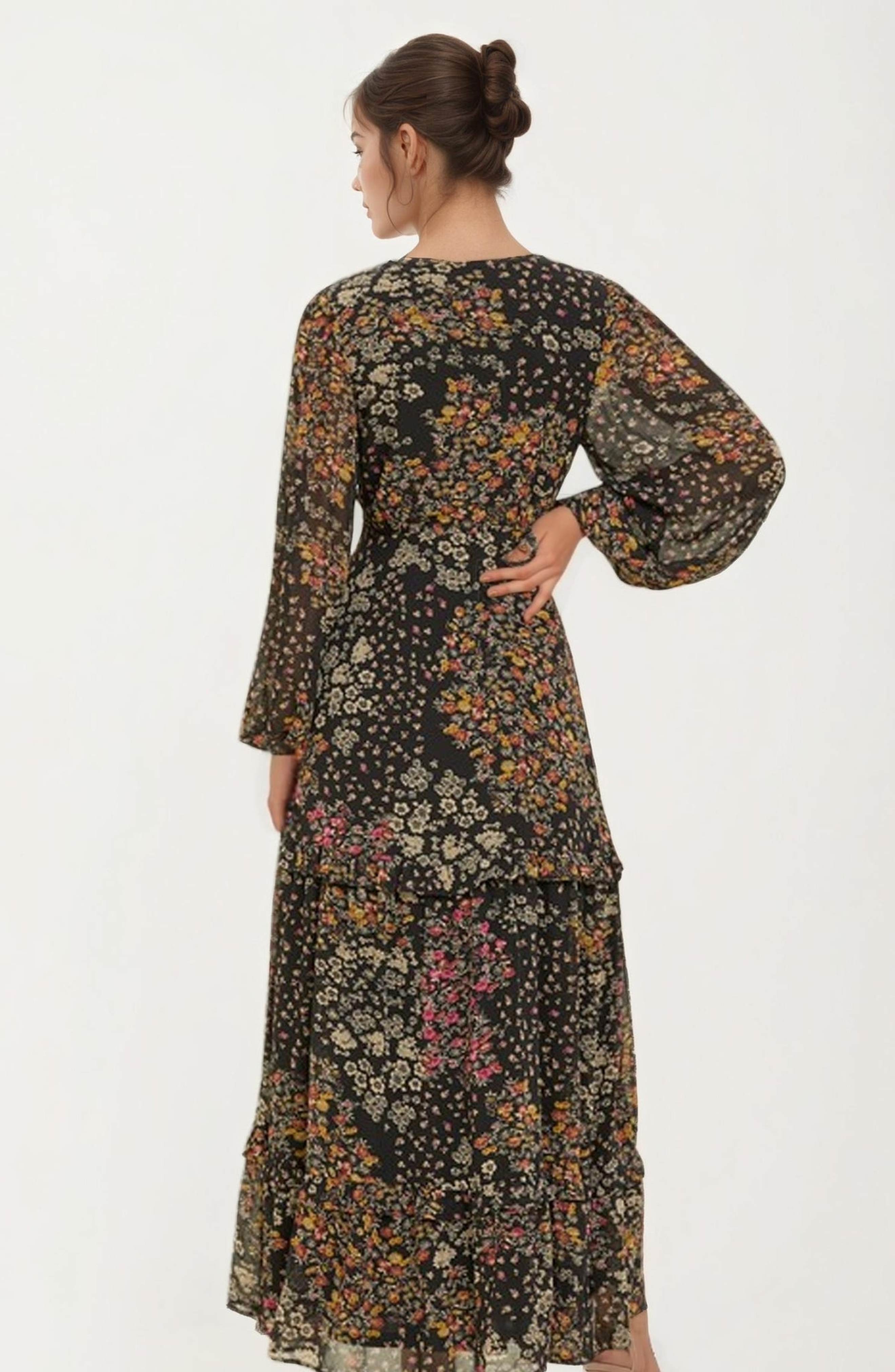 Floral Print Long Sleeve Maxi Dress with Deep V-Neckline - image 2