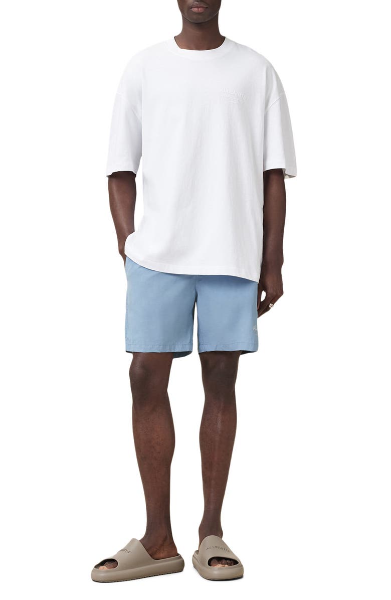 AllSaints Underground Logo Print Swim Trunks, Alternate, color, Bondi Blue