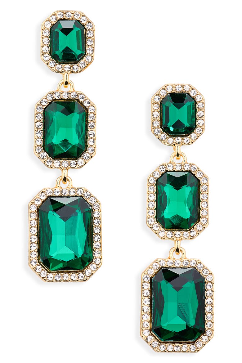 Pavé Crystal Triple Drop Earrings, Main, color, GOLD/ GREEN