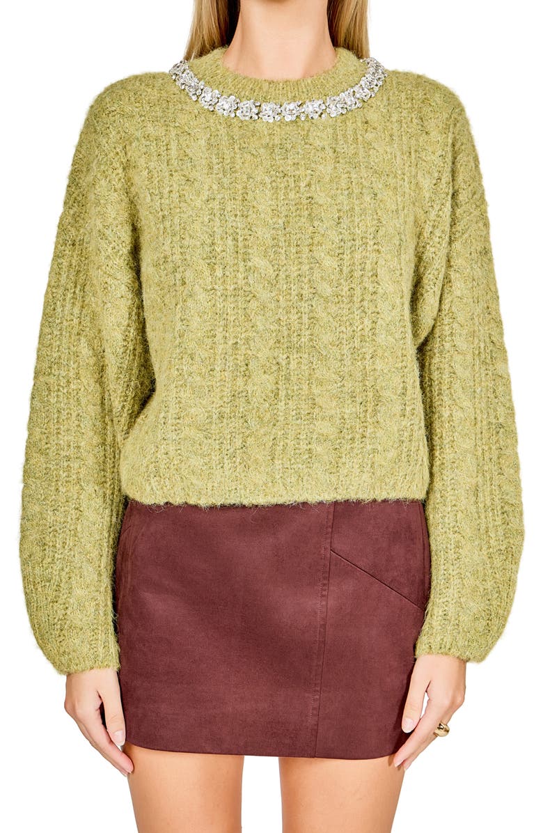 Endless Rose Jewel Fuzzy Cable Stitch Sweater, Alternate, color, Chartreuse