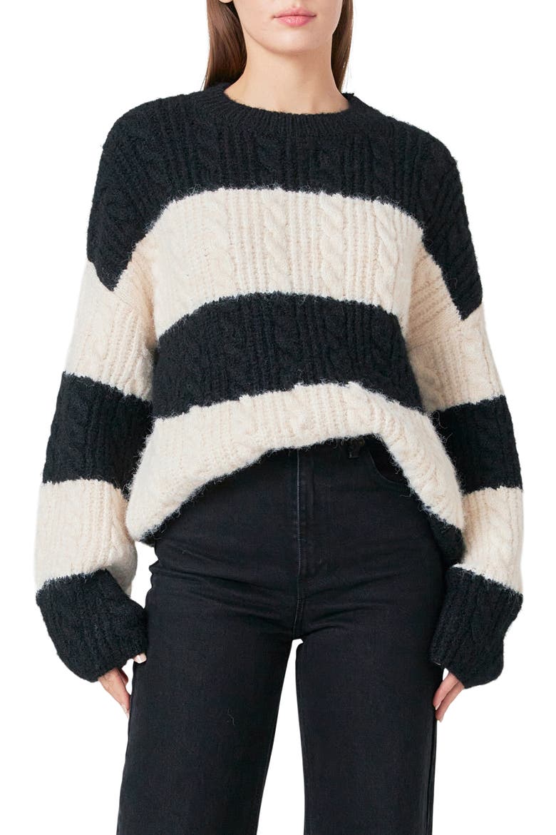 Stripe Chunky Sweater, Main, color, BLACK/ CREAM