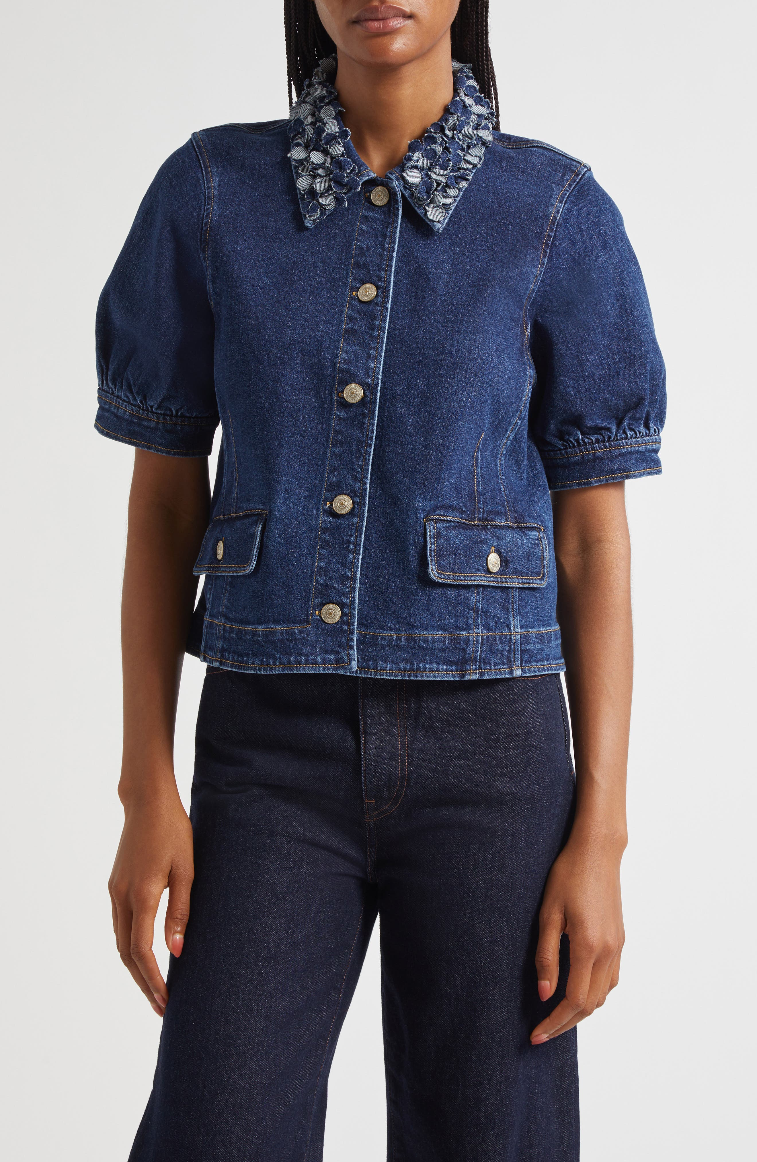 Cinq à Sept Ethel Petal Collar Short Sleeve Denim Jacket