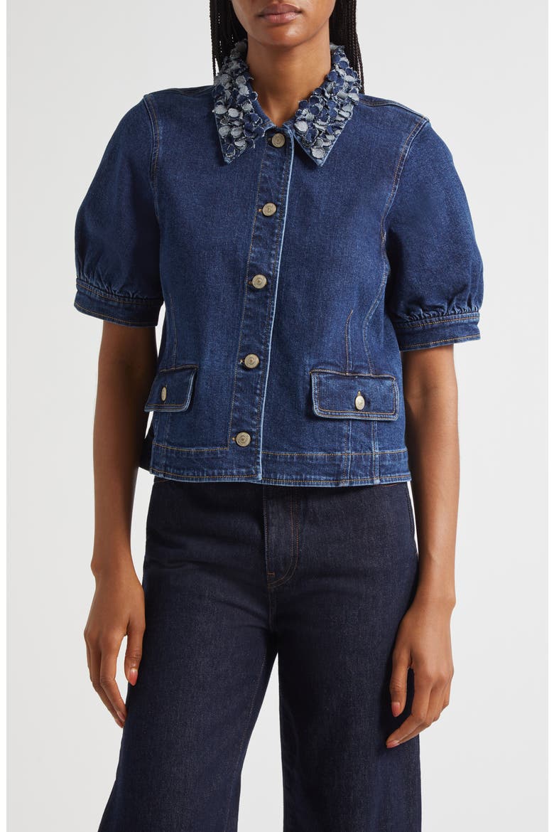 Ethel Petal Collar Short Sleeve Denim Jacket, Main, color, OCEANE