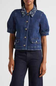 Cinq à Sept Ethel Petal Collar Short Sleeve Denim Jacket