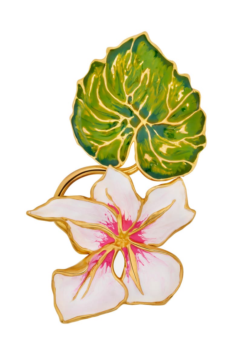 Cyclamen & Leaf Enamel Brooch, Main, color, PINK