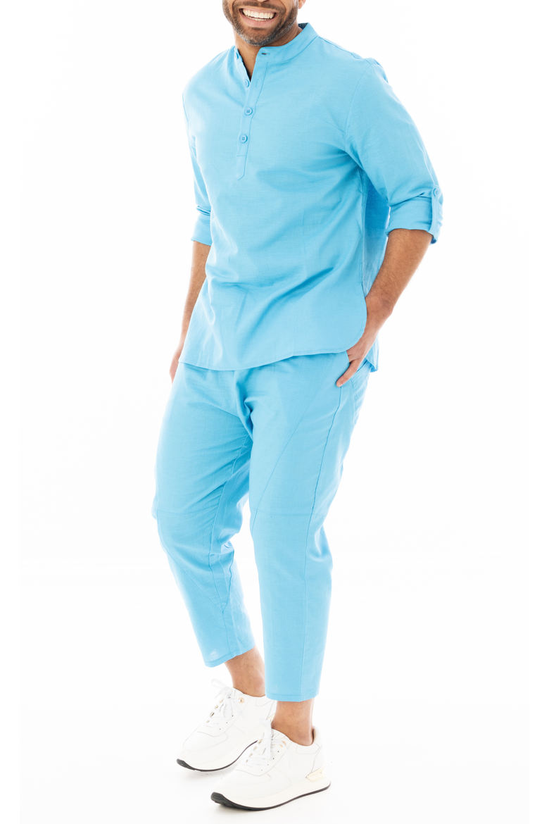 nehru dress shirts Men's Double Cuff Blue Cotton Nehru Shirt - Size S