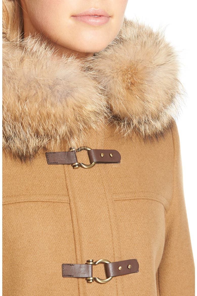 Genuine Coyote Fur Trim Wool Blend Duffle Coat, Alternate, color, CAMEL