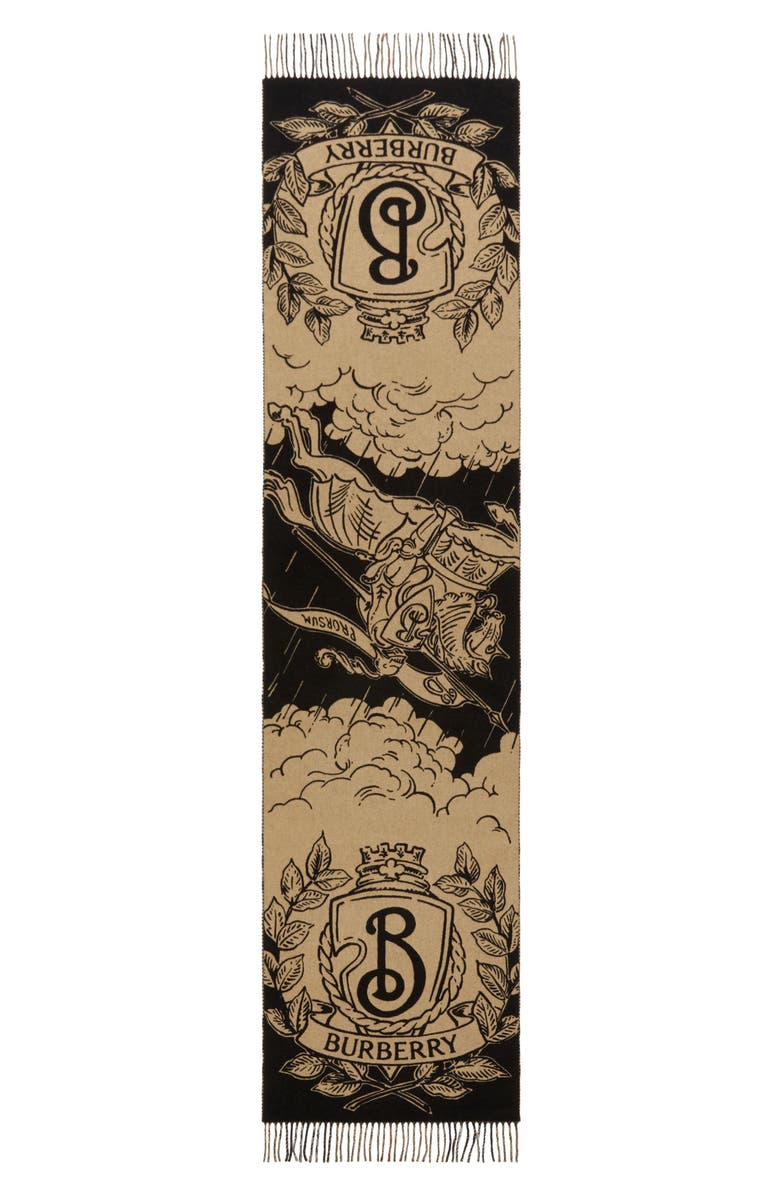 Burberry Reversible Stormy Knight & Check Cashmere Fringe Scarf, Alternate, color, Sand