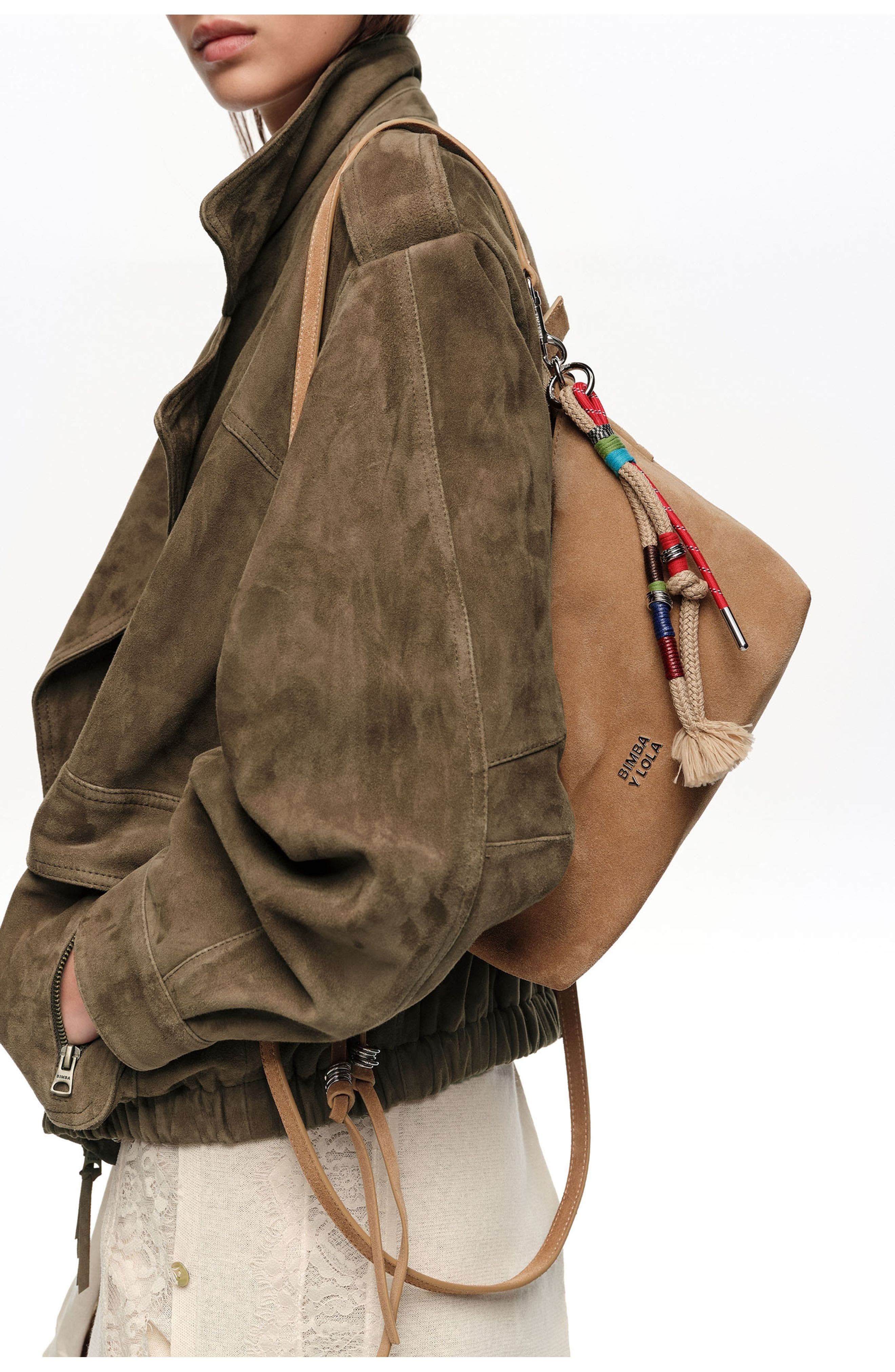 Bimba y Lola Medium Leather Trapecio Bag, Alternate, color, Natural