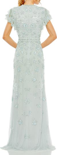 Floral Embellished High Neck Flutter Sleeve Gown