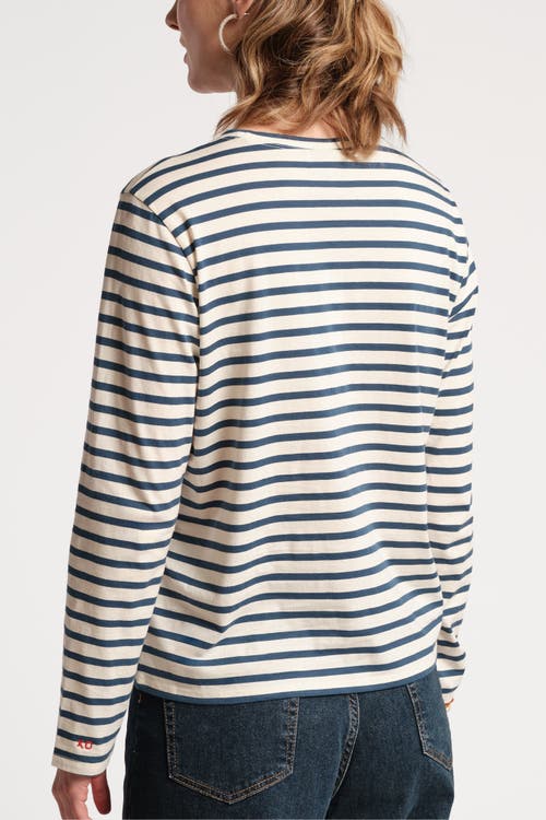 Frances Valentine Striped Pima Cotton Crewneck Top In Oyster/navy