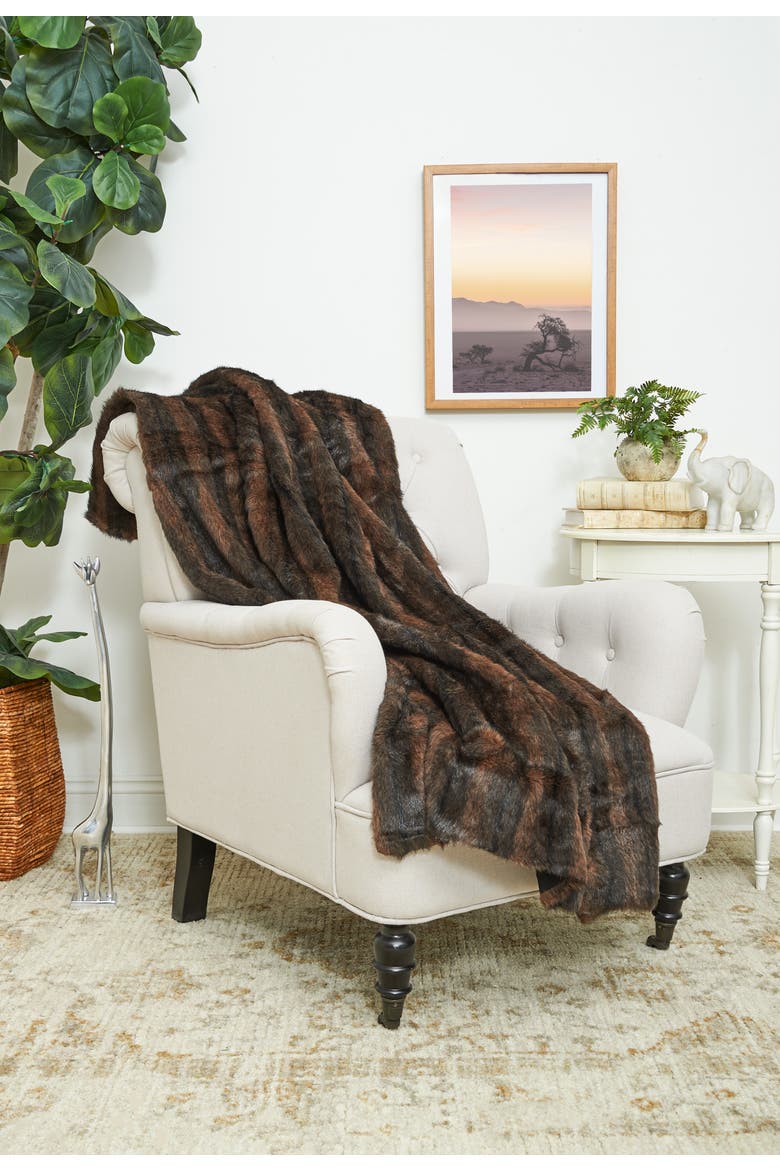 Brown Striped Fur Accent Throw Blanket 50" x 60", Alternate, color, Brown