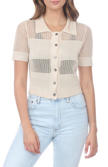 Shop Rain And Rose Cropped Openwork Cardigan Sweater In Beige