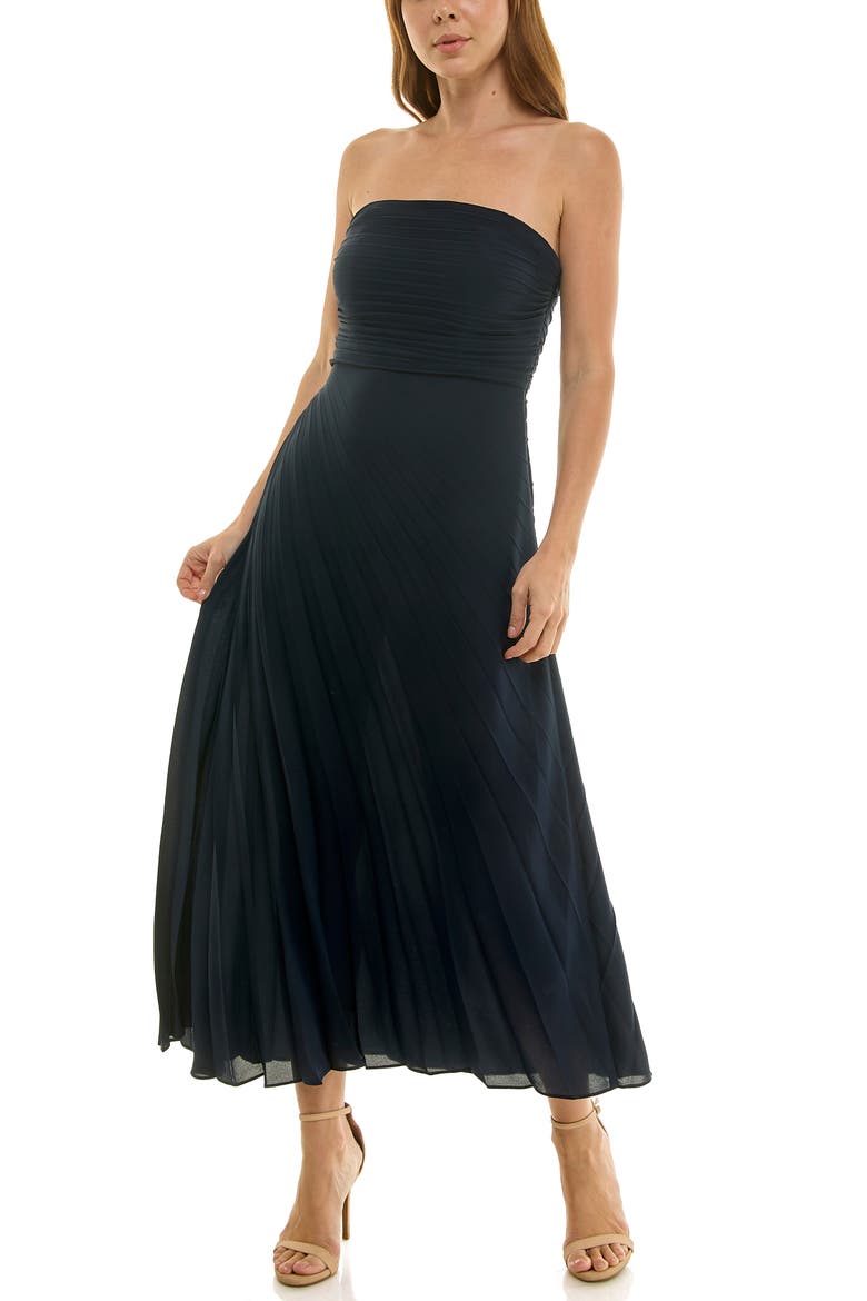 Strapless Pleated Chiffon Maxi Dress, Alternate, color, DEEP NAVY