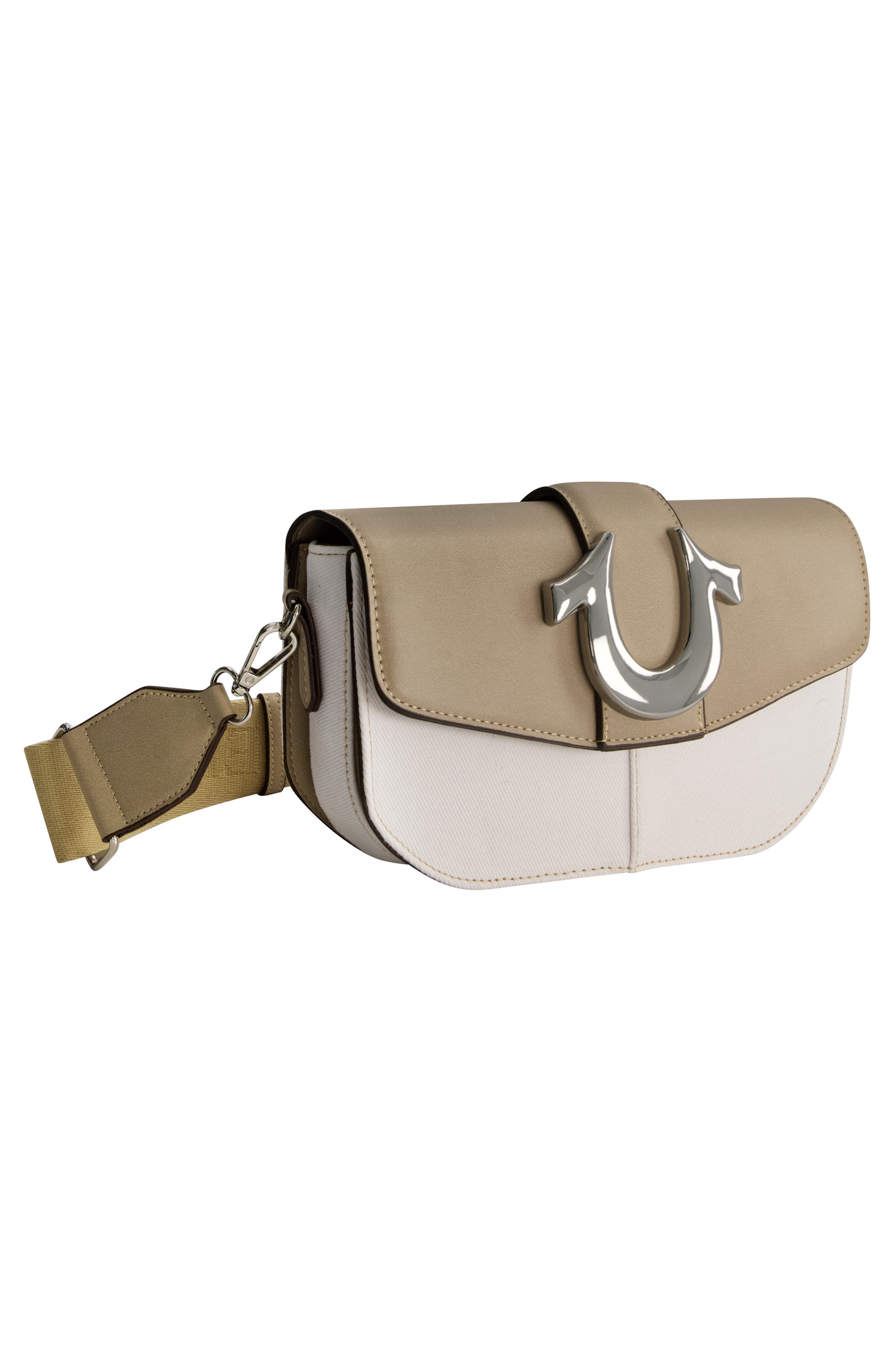 Denim Saddle Bag with Oversized Horseshoe Logo, Alternate, color, TAUPE