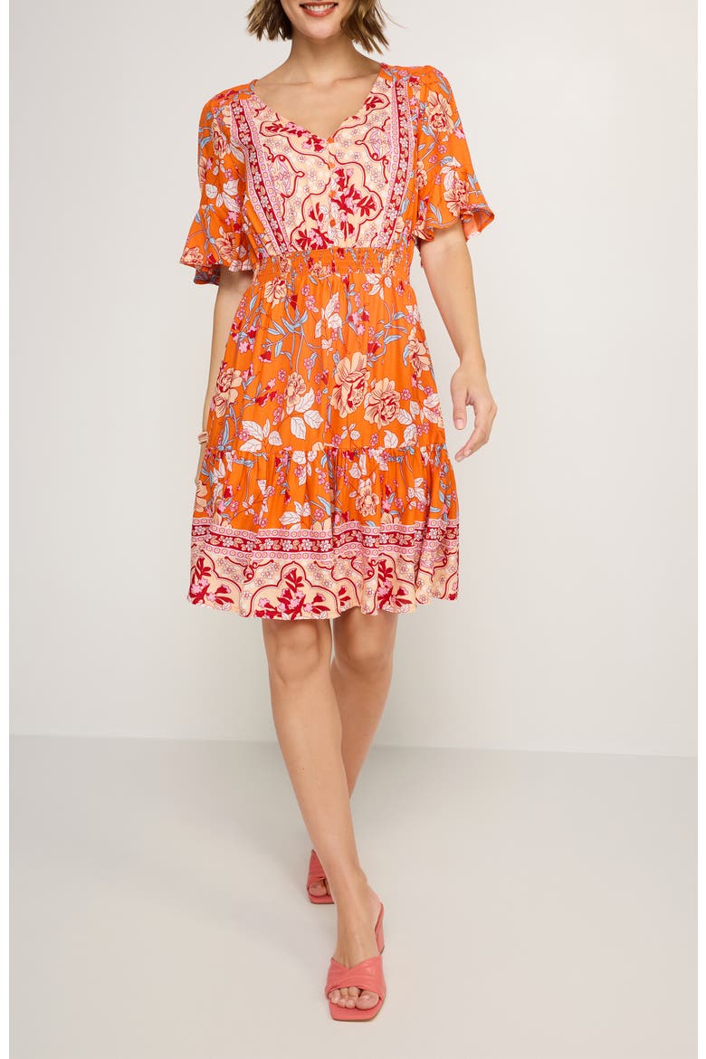 Women's Tiered Short Sleeve Dress, Main, color, Orange Multi