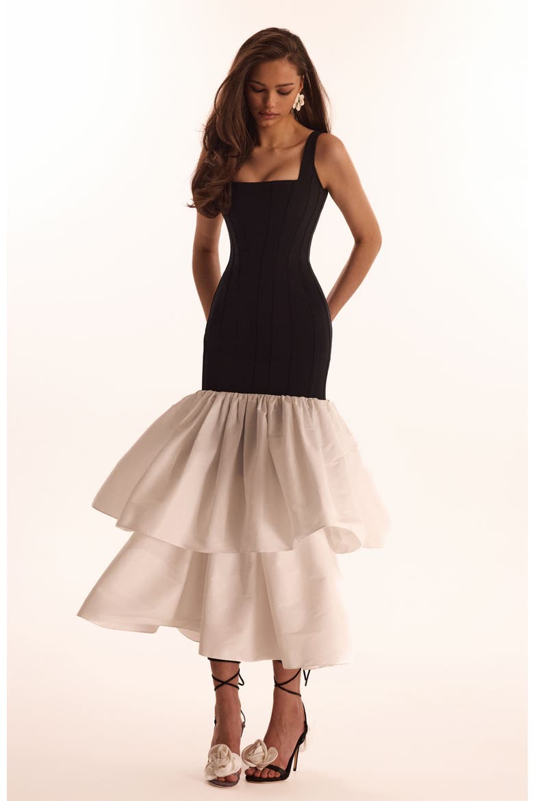 Fitted Formal Occasion Maxi Dress with Tiered Puffy Skirt, Main, color, Black&White