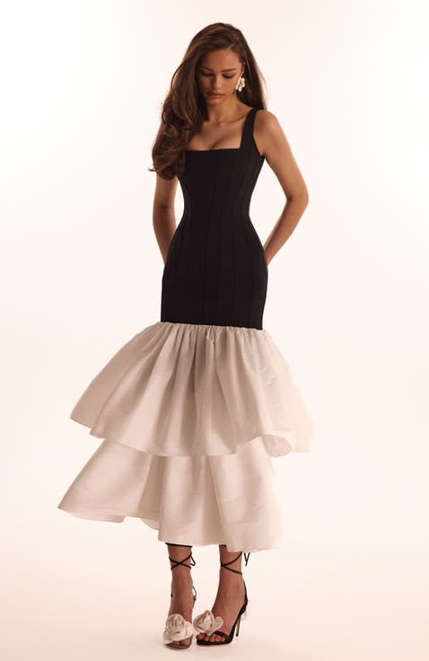 Fitted Formal Occasion Maxi Dress with Tiered Puffy Skirt