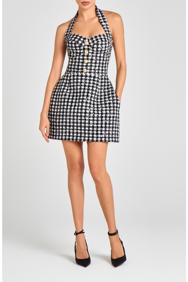 Metallic Tweed Halter Neck Cocktail Minidress, Main, color, BLACK / WHITE